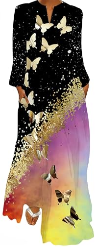 Ocean Plus Damen Frühlings- und Sommerkleid mit Langem Rock V-Ausschnitt Langen Ärmeln mit Taschen und Lockerem Blumendruck (M, Goldene Schmetterlinge) von Ocean Plus
