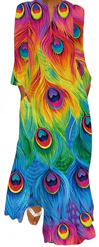 Ocean Plus Damen Frühlings- und Sommerkleid mit Langem Rock V-Ausschnitt Langen Ärmeln mit Taschen und Lockerem Blumendruck (M, Mehrfarbige Pfauenfedern) von Ocean Plus