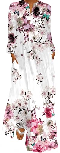 Ocean Plus Damen Frühlings- und Sommerkleid mit Langem Rock V-Ausschnitt Langen Ärmeln mit Taschen und Lockerem Blumendruck (M, Pfirsichblüten-Schmetterling) von Ocean Plus