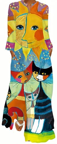 Ocean Plus Damen Frühlings- und Sommerkleid mit Langem Rock V-Ausschnitt Langen Ärmeln mit Taschen und Lockerem Blumendruck (M, Sonnenkatze) von Ocean Plus