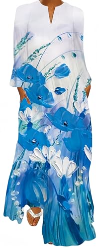 Ocean Plus Damen Frühlings- und Sommerkleid mit Langem Rock V-Ausschnitt Langen Ärmeln mit Taschen und Lockerem Blumendruck (S, Ölgemälde mit hellblauer Blumen) von Ocean Plus