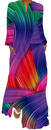 Ocean Plus Damen Frühlings- und Sommerkleid mit Langem Rock V-Ausschnitt Langen Ärmeln mit Taschen und Lockerem Blumendruck (XL, Farbige Streifen) von Ocean Plus