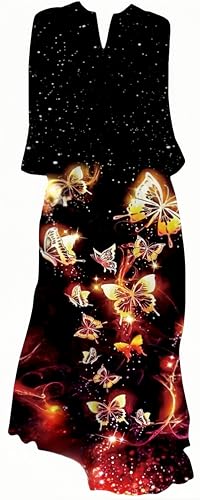 Ocean Plus Damen Frühlings- und Sommerkleid mit Langem Rock V-Ausschnitt Langen Ärmeln mit Taschen und Lockerem Blumendruck (XL, Leuchtende Schmetterlinge) von Ocean Plus