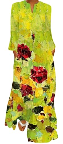 Ocean Plus Damen Frühlings- und Sommerkleid mit Langem Rock V-Ausschnitt Langen Ärmeln mit Taschen und Lockerem Blumendruck (XL, Ölgemälde von Rosen) von Ocean Plus