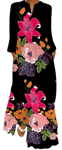 Ocean Plus Damen Frühlings- und Sommerkleid mit Langem Rock V-Ausschnitt Langen Ärmeln mit Taschen und Lockerem Blumendruck (XL, Pfingstrosen-Lilien auf schwarz) von Ocean Plus