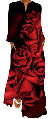 Ocean Plus Damen Frühlings- und Sommerkleid mit Langem Rock V-Ausschnitt Langen Ärmeln mit Taschen und Lockerem Blumendruck (XL, Rote Rosen) von Ocean Plus