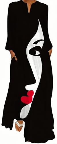 Ocean Plus Damen Frühlings- und Sommerkleid mit Langem Rock V-Ausschnitt Langen Ärmeln mit Taschen und Lockerem Blumendruck (XL, Rotlippiges Gesicht) von Ocean Plus