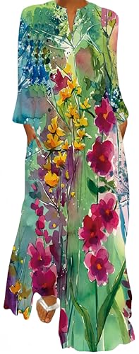 Ocean Plus Damen Frühlings- und Sommerkleid mit Langem Rock V-Ausschnitt Langen Ärmeln mit Taschen und Lockerem Blumendruck (XXL, Aquarellmalerei Blumen) von Ocean Plus