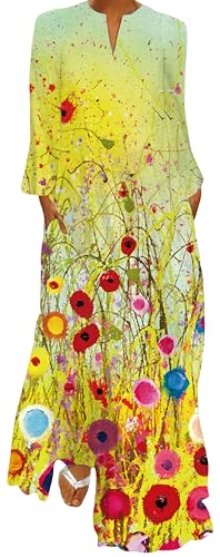 Ocean Plus Damen Frühlings- und Sommerkleid mit Langem Rock V-Ausschnitt Langen Ärmeln mit Taschen und Lockerem Blumendruck (XXL, Gespritzte Tintenblumen) von Ocean Plus