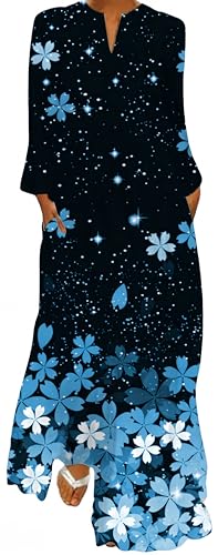 Ocean Plus Damen Frühlings- und Sommerkleid mit Langem Rock V-Ausschnitt Langen Ärmeln mit Taschen und Lockerem Blumendruck (XXL, Hellblaue Kirschblüten) von Ocean Plus