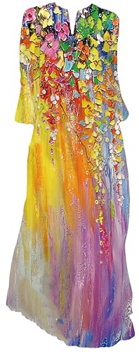 Ocean Plus Damen Frühlings- und Sommerkleid mit Langem Rock V-Ausschnitt Langen Ärmeln mit Taschen und Lockerem Blumendruck (XXL, Regenbogen-Blumen) von Ocean Plus