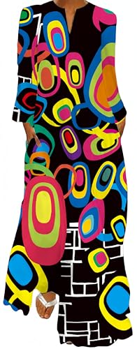 Ocean Plus Damen Frühlings- und Sommerkleid mit Langem Rock V-Ausschnitt Langen Ärmeln mit Taschen und Lockerem Blumendruck (XXL, Schwarzes geometrisches Muster) von Ocean Plus