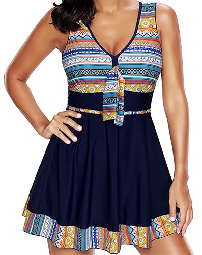 Ocean Plus Damen Gestreifter Rock Einteiliger Badekleid Badeanzug aus Mesh-Spitze Übergröße Einfarbige Boxer Shorts Bademode (L (EU 38), Marineblaue Streifen) von Ocean Plus