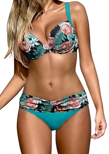 Ocean Plus Damen Gestreiftes Bikini-Set mit Brustpolster Bikinis Push Up mit Riemen Zweiteiliger Bademode (L (EU 42-44), Hellblaue Blumen) von Ocean Plus
