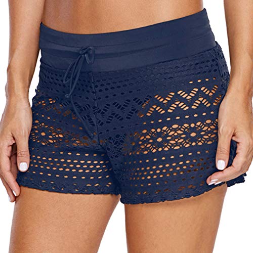 Ocean Plus Damen Häkel Spitze Elegante Badeshorts mit Innenslip Schwimmshorts Bikinihose Übergröße Hotpants Boxer Schwimmshorts Beachshorts (L (EU 38-40), Dunkelblau) von Ocean Plus