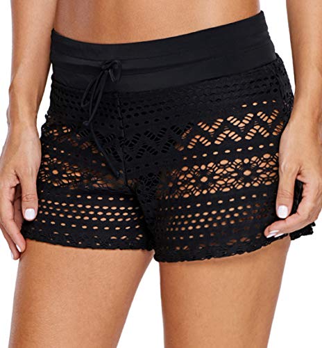 Ocean Plus Damen Häkel Spitze Elegante Badeshorts mit Innenslip Schwimmshorts Bikinihose Übergröße Hotpants Boxer Schwimmshorts Beachshorts (XL (EU 40-42), Black) von Ocean Plus