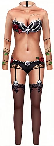 Ocean Plus Damen Halloween Bunter Skelettdruck Langärmliger Body Karneval Einteiliges Kostüm Bodysuit mit langen Ärmeln (L, Knochen Spitzenstrümpfe) von Ocean Plus
