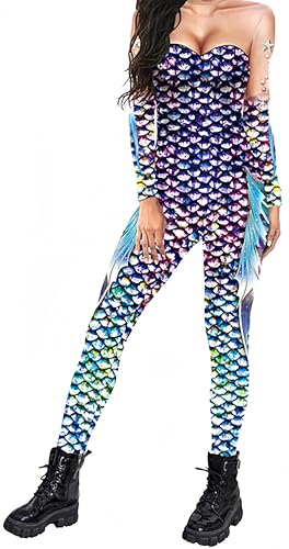 Ocean Plus Damen Halloween Bunter Skelettdruck Langärmliger Body Karneval Einteiliges Kostüm Bodysuit mit langen Ärmeln (L, Meerjungfrau) von Ocean Plus