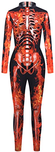 Ocean Plus Damen Halloween Bunter Skelettdruck Langärmliger Body Karneval Einteiliges Kostüm Bodysuit mit langen Ärmeln (S, Flammen Skelett) von Ocean Plus