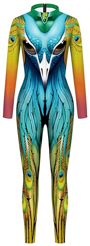 Ocean Plus Damen Halloween Bunter Skelettdruck Langärmliger Body Karneval Einteiliges Kostüm Bodysuit mit langen Ärmeln (S, Pfau) von Ocean Plus