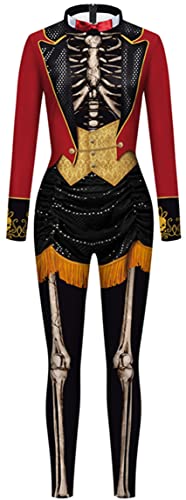 Ocean Plus Damen Halloween Bunter Skelettdruck Langärmliger Body Karneval Einteiliges Kostüm Bodysuit mit langen Ärmeln (XL, Kostüm Skelett) von Ocean Plus
