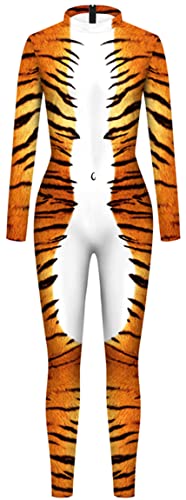 Ocean Plus Damen Halloween Bunter Skelettdruck Langärmliger Body Karneval Einteiliges Kostüm Bodysuit mit langen Ärmeln (XL, Tiger) von Ocean Plus