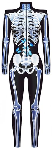 Ocean Plus Damen Halloween Skelett Digitaldruck Overall Schmal Geschnittene Langärmlige Einteilige Strumpfhose Jumpsuit (L, Blaues Schmetterling Skelett) von Ocean Plus