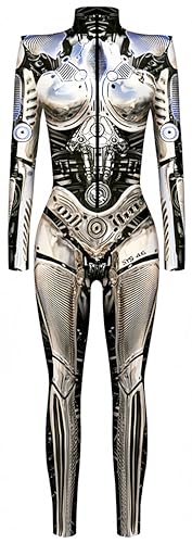 Ocean Plus Damen Halloween Skelett Digitaldruck Overall Schmal Geschnittene Langärmlige Einteilige Strumpfhose Jumpsuit (L, Goldene mechanische Rüstung) von Ocean Plus