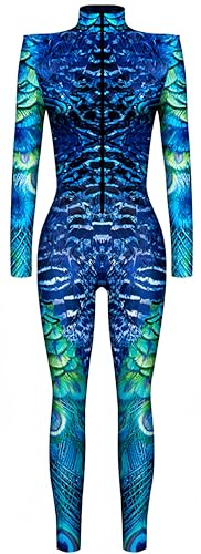 Ocean Plus Damen Halloween Skelett Digitaldruck Overall Schmal Geschnittene Langärmlige Einteilige Strumpfhose Jumpsuit (L, Pfauenmuster) von Ocean Plus