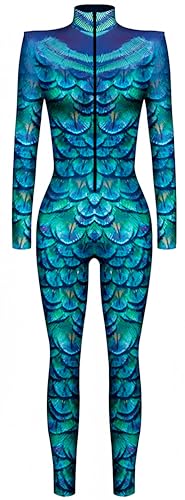 Ocean Plus Damen Halloween Skelett Digitaldruck Overall Schmal Geschnittene Langärmlige Einteilige Strumpfhose Jumpsuit (M, Lila blaues Pfaumuster) von Ocean Plus