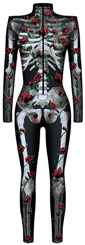 Ocean Plus Damen Halloween Skelett Digitaldruck Overall Schmal Geschnittene Langärmlige Einteilige Strumpfhose Jumpsuit (M, Rotes Rosenskelett) von Ocean Plus