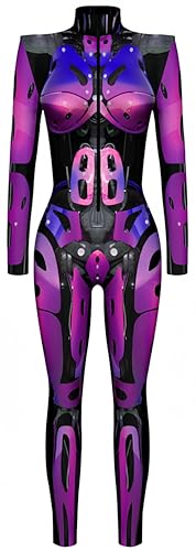 Ocean Plus Damen Halloween Skelett Digitaldruck Overall Schmal Geschnittene Langärmlige Einteilige Strumpfhose Jumpsuit (S, Fuchsia-Rüstung) von Ocean Plus
