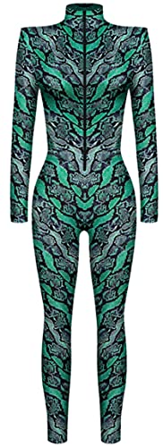 Ocean Plus Damen Halloween Skelett Digitaldruck Overall Schmal Geschnittene Langärmlige Einteilige Strumpfhose Jumpsuit (S, Schwarzgrünes Schlangenmuster) von Ocean Plus