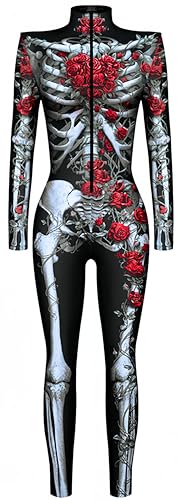 Ocean Plus Damen Halloween Skelett Digitaldruck Overall Schmal Geschnittene Langärmlige Einteilige Strumpfhose Jumpsuit (S, Skelettrose) von Ocean Plus