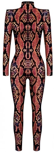 Ocean Plus Damen Halloween Skelett Digitaldruck Overall Schmal Geschnittene Langärmlige Einteilige Strumpfhose Jumpsuit (XL, Rote Pythonschlange) von Ocean Plus