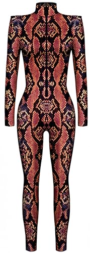 Ocean Plus Damen Halloween Skelett Digitaldruck Overall Schmal Geschnittene Langärmlige Einteilige Strumpfhose Jumpsuit (XL, Rote Pythonschlange) von Ocean Plus