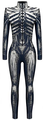 Ocean Plus Damen Halloween Skelett Digitaldruck Overall Schmal Geschnittene Langärmlige Einteilige Strumpfhose Jumpsuit (XL, Skelett-Lederjacke) von Ocean Plus