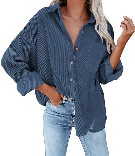 Ocean Plus Damen Herbst Cord Einfarbige Einreihig Blusen Langarm Cordhemd mit Knopfleiste Cardigan Revers Shirt (L, Marineblau) von Ocean Plus