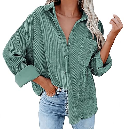 Ocean Plus Damen Herbst Cord Einfarbige Einreihig Blusen Langarm Cordhemd mit Knopfleiste Cardigan Revers Shirt (L, Türkis) von Ocean Plus