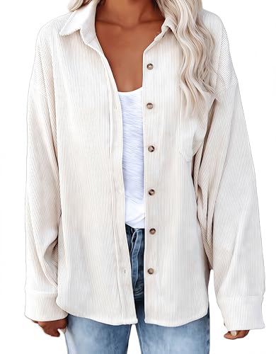 Ocean Plus Damen Herbst Cord Einfarbige Einreihig Blusen Langarm Cordhemd mit Knopfleiste Cardigan Revers Shirt (L, Weiß) von Ocean Plus