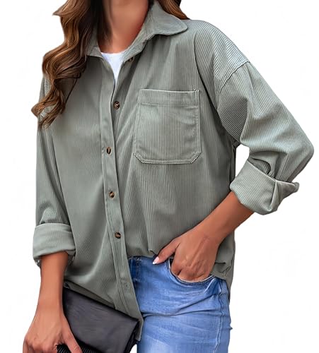 Ocean Plus Damen Herbst Cord Einfarbige Einreihig Blusen Langarm Cordhemd mit Knopfleiste Cardigan Revers Shirt (M, Bohnengrün) von Ocean Plus