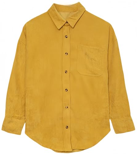 Ocean Plus Damen Herbst Cord Einfarbige Einreihig Blusen Langarm Cordhemd mit Knopfleiste Cardigan Revers Shirt (M, Eigelb) von Ocean Plus