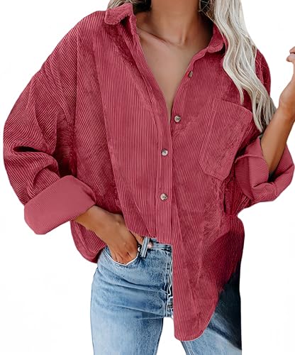 Ocean Plus Damen Herbst Cord Einfarbige Einreihig Blusen Langarm Cordhemd mit Knopfleiste Cardigan Revers Shirt (M, Hellrot) von Ocean Plus
