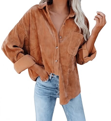 Ocean Plus Damen Herbst Cord Einfarbige Einreihig Blusen Langarm Cordhemd mit Knopfleiste Cardigan Revers Shirt (M, Orange-rot) von Ocean Plus