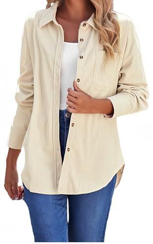 Ocean Plus Damen Herbst Cord Einfarbige Einreihig Blusen Langarm Cordhemd mit Knopfleiste Cardigan Revers Shirt (S, Elfenbeinweiß) von Ocean Plus