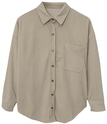 Ocean Plus Damen Herbst Cord Einfarbige Einreihig Blusen Langarm Cordhemd mit Knopfleiste Cardigan Revers Shirt (S, Gras grau-grün) von Ocean Plus