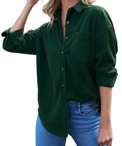 Ocean Plus Damen Herbst Cord Einfarbige Einreihig Blusen Langarm Cordhemd mit Knopfleiste Cardigan Revers Shirt (S, Grasgrün) von Ocean Plus