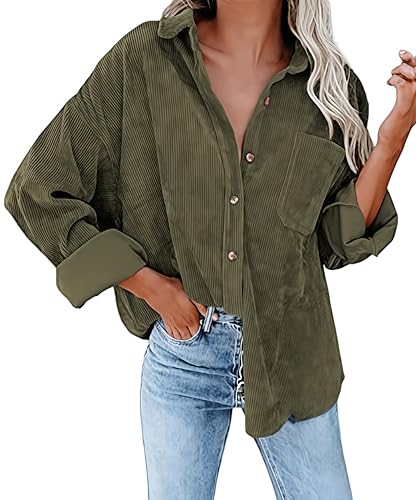Ocean Plus Damen Herbst Cord Einfarbige Einreihig Blusen Langarm Cordhemd mit Knopfleiste Cardigan Revers Shirt (S, Olivgrün) von Ocean Plus