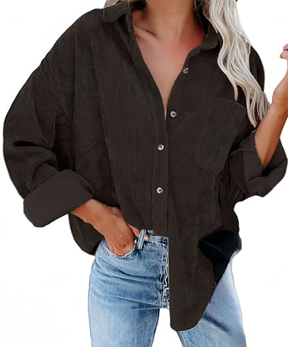 Ocean Plus Damen Herbst Cord Einfarbige Einreihig Blusen Langarm Cordhemd mit Knopfleiste Cardigan Revers Shirt (XL, Dunkelbraun) von Ocean Plus