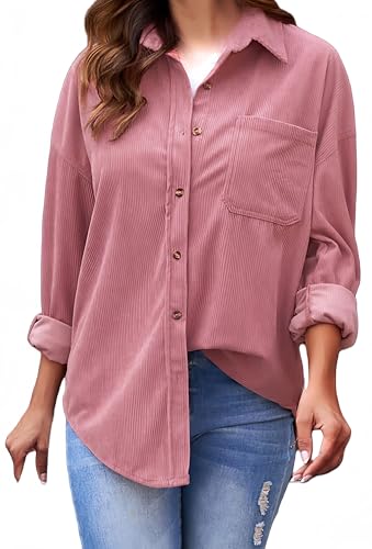 Ocean Plus Damen Herbst Cord Einfarbige Einreihig Blusen Langarm Cordhemd mit Knopfleiste Cardigan Revers Shirt (XL, Dunkelrosa) von Ocean Plus
